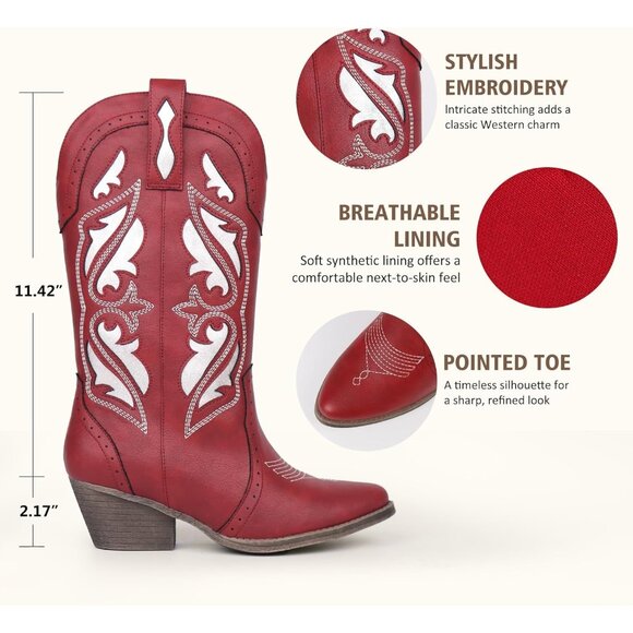 Brand New Women's Red Synthetic Embroidered Stitched Chunky Heel Western Booties - Picture 4 of 6
